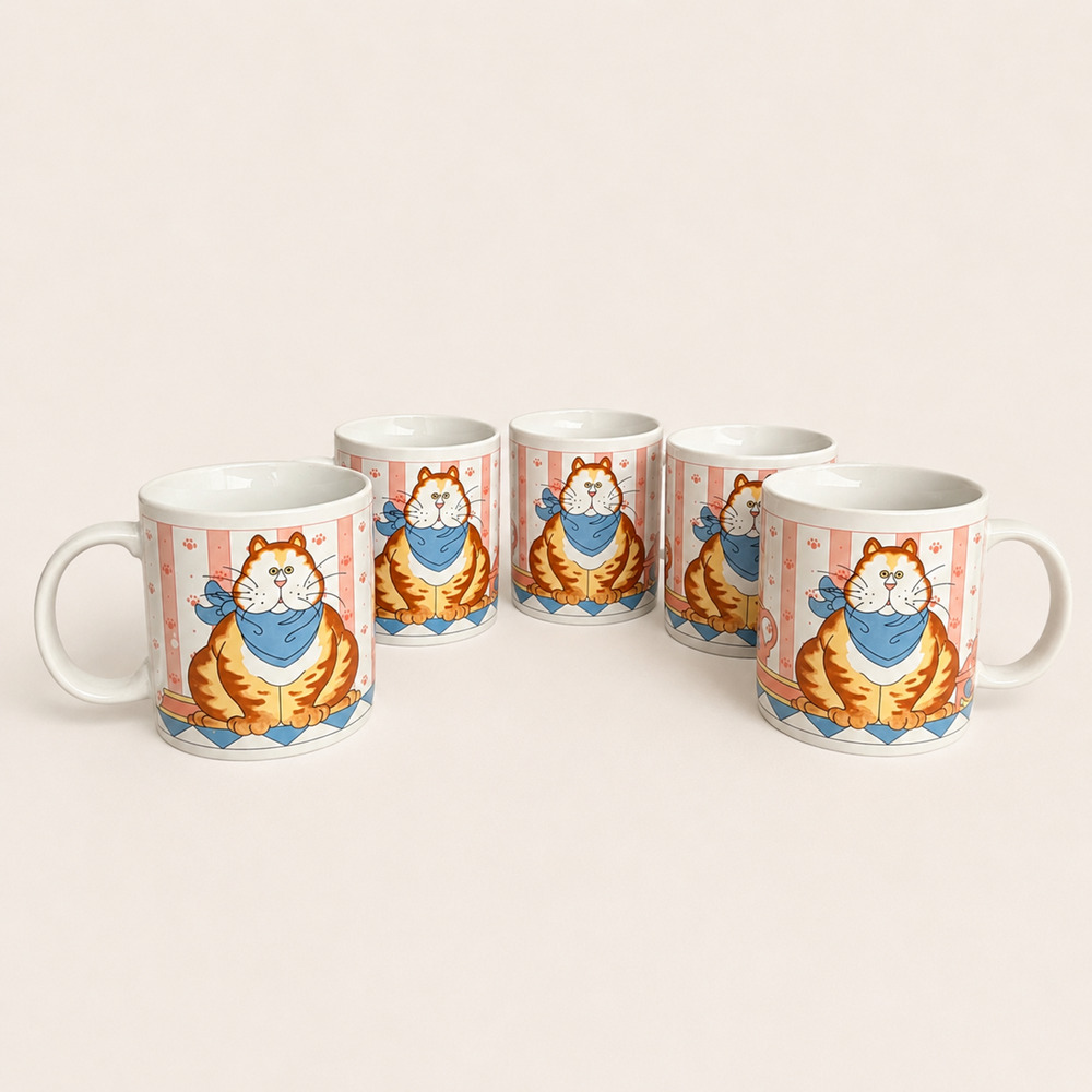 Vintage Lisa Bennett Fat Cat Mugs Set of 5 Made in Japan Orange Tabby Cat Coffee